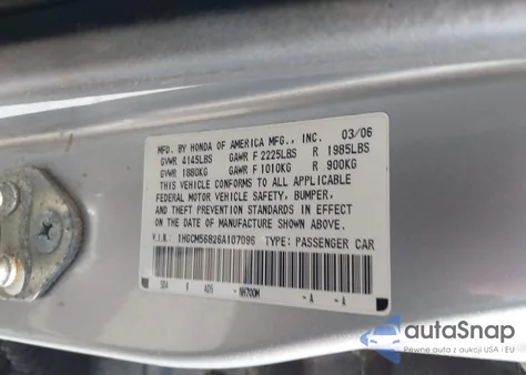 2006 Honda Accord 2.4 Ex from USA, damaged, VIN 1HGCM56826A107096